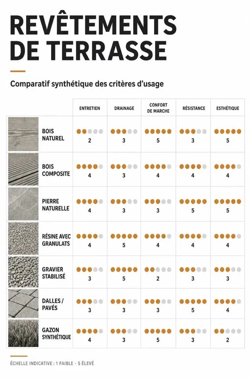 Comparatif des revêtements de terrasse selon l’entretien, le drainage et le confort