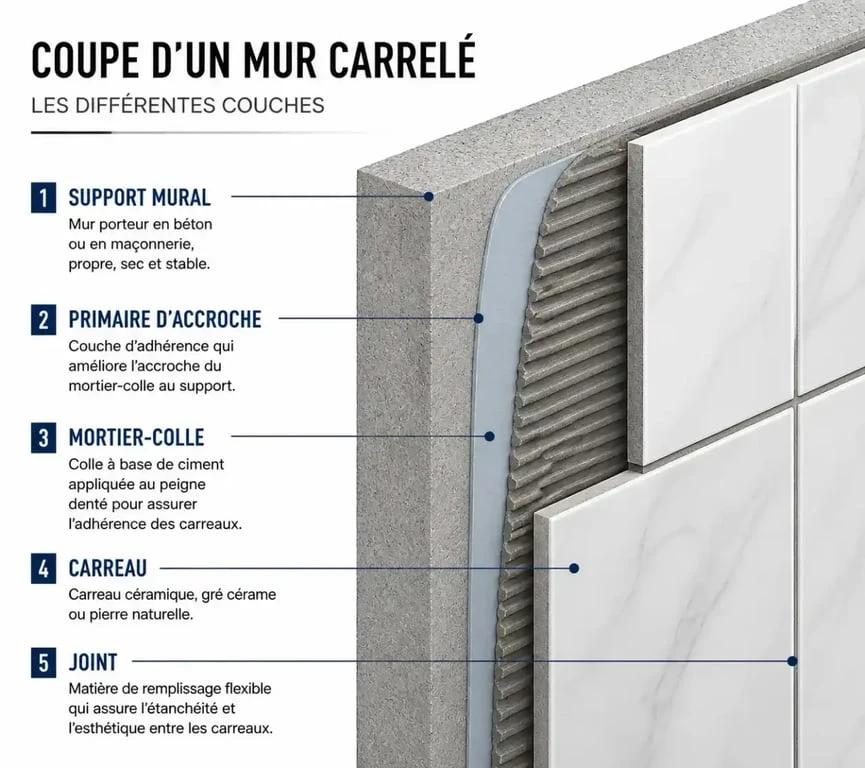 Schéma des étapes de pose de carrelage sur un mur