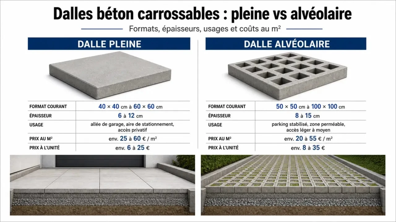 Comparatif des formats de dalle béton carrossable pour allée, parking et sol perméable