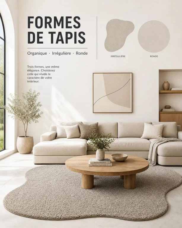 Tapis forme originale dans un salon contemporain avec plusieurs formes de tapis mises en valeur
