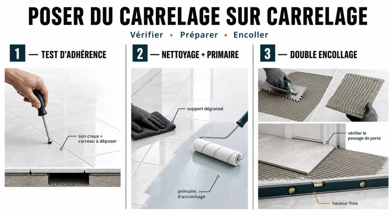 Pose carrelage sur carrelage : test du support, préparation et double encollage avant rénovation