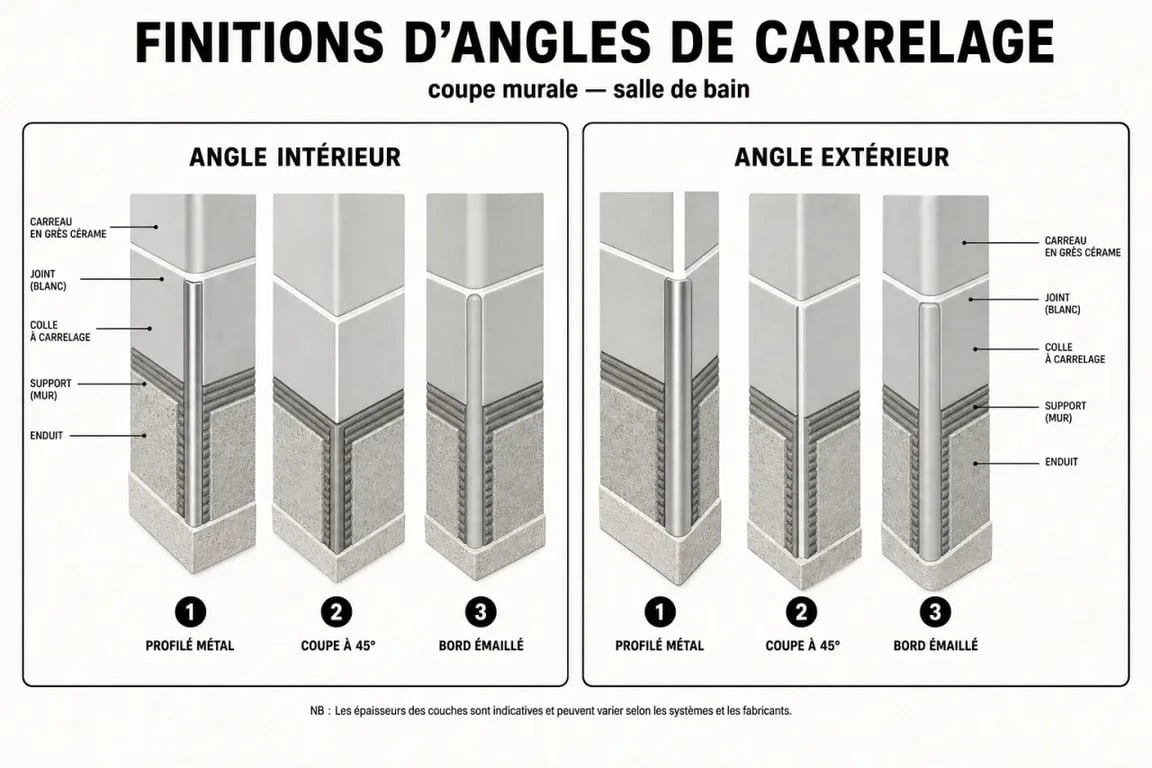 Angle en carrelage : comparaison visuelle entre angle intérieur, angle extérieur et finitions de pose