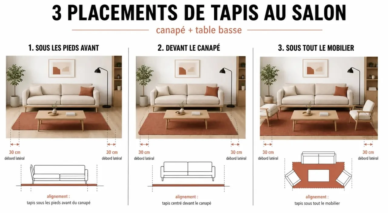 Tapis dans salon : trois placements possibles autour du canapé et de la table basse