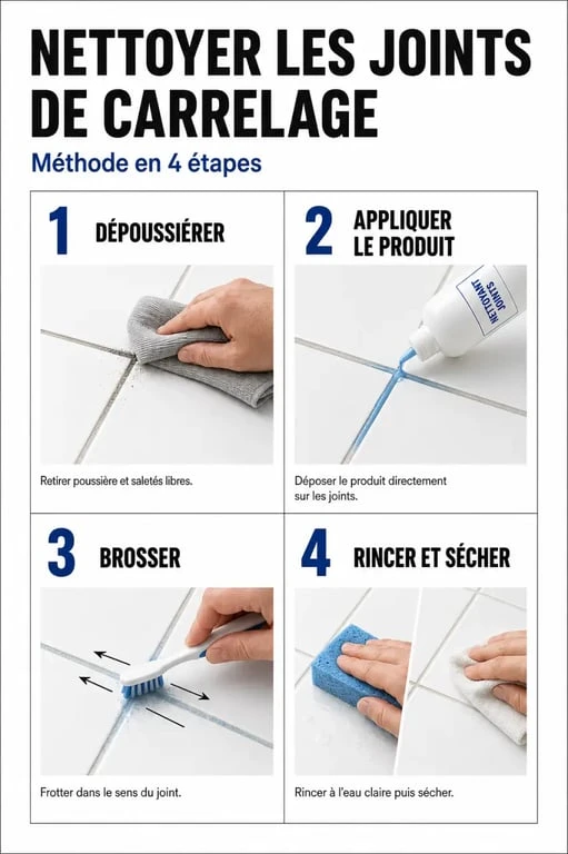Tutoriel pour nettoyer joint carrelage : étapes de brossage, rinçage et séchage sur carrelage de salle de bain