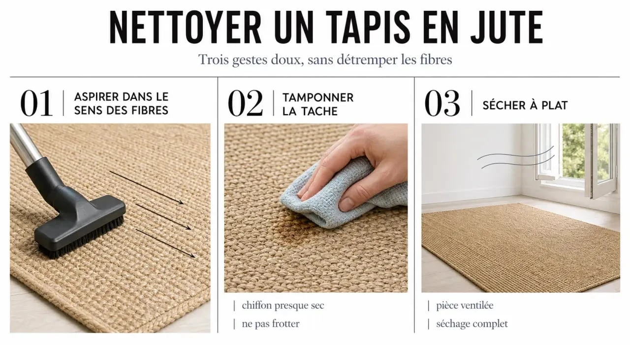 Nettoyer tapis jute : étapes de nettoyage à sec, tamponnage local et séchage rapide