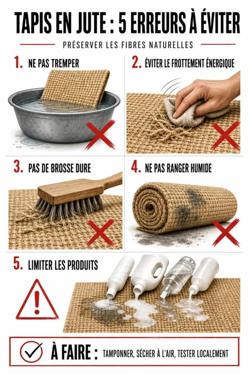 Nettoyer tapis jute : erreurs à éviter comme trempage, frottement et stockage humide