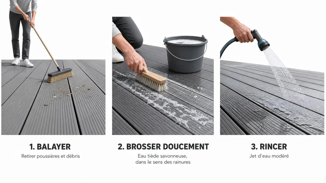 Nettoyer terrasse en composite : étapes de balayage, brossage dans le sens des rainures et rinçage