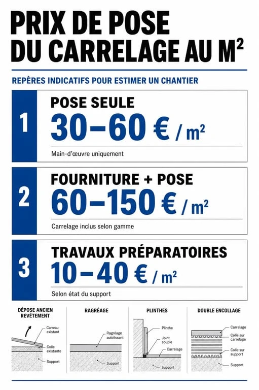 Pose carrelage prix m2 : visualisation des coûts de pose, fourniture, dépose et ragréage