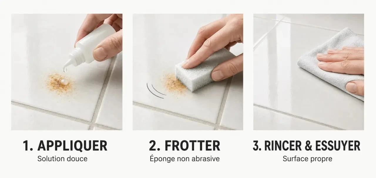 Comment enlever de la rouille sur carrelage : étapes de nettoyage en trois phases sur un carreau