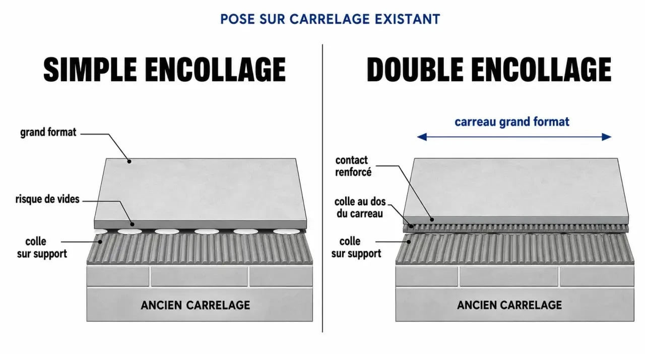 Colle carrelage sur carrelage : simple encollage et double encollage comparés sur coupe simplifiée