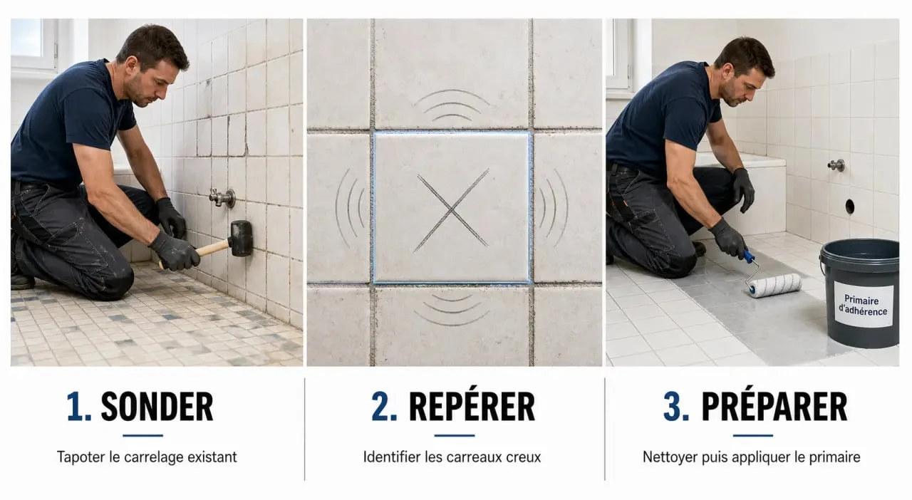 Colle carrelage sur carrelage : préparation du support avant la pose dans une salle de bain