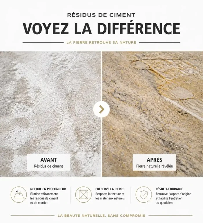 Nettoyage de ciment sec sur pierre naturelle : avant après