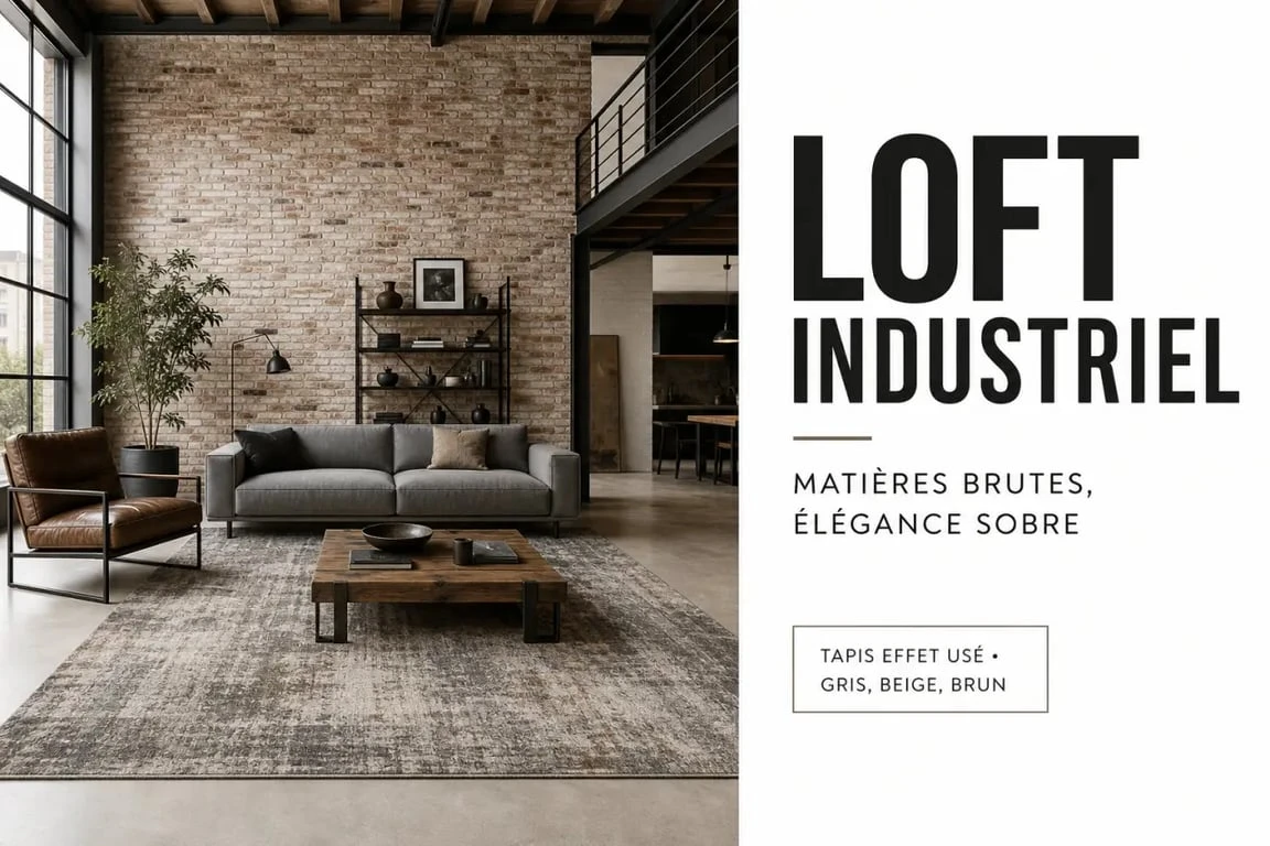 Tapis style industriel dans un salon loft au décor métal noir, bois vieilli et béton ciré