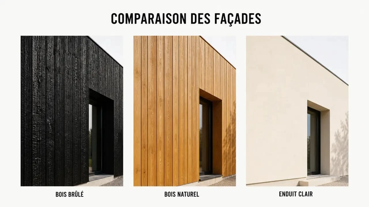 Comparaison du bardage bois brûlé avec un bardage bois classique et un enduit traditionnel