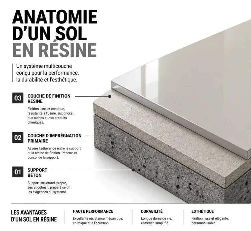 Schéma technique des couches d'un sol en résine intérieur