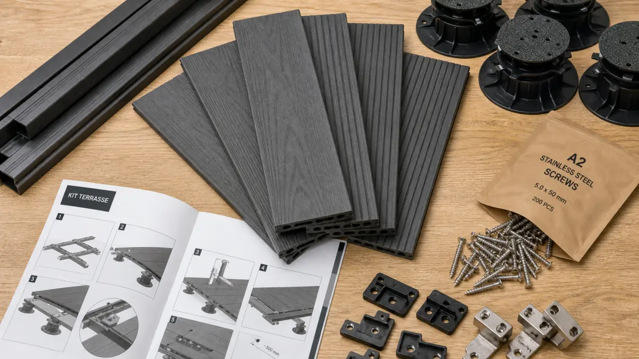 Kit terrasse composite bois bambou : lames et accessoires prêts à poser