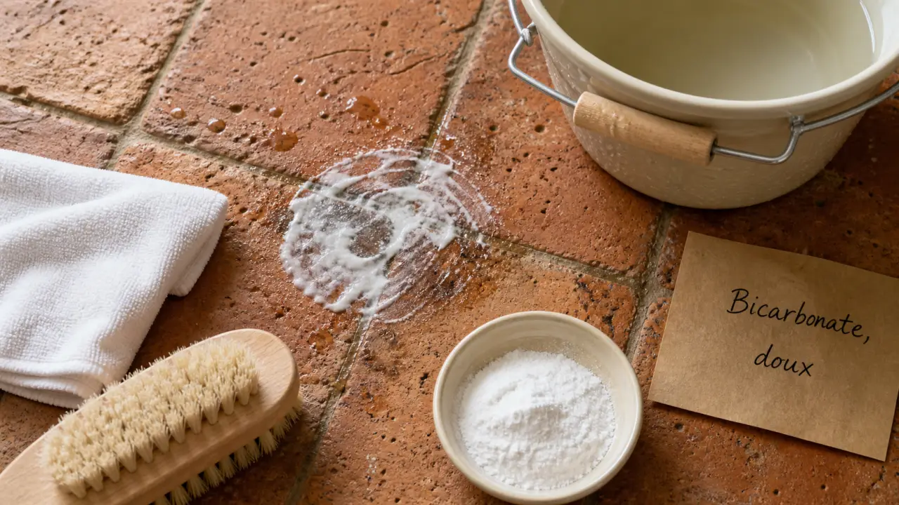 Nettoyage tomettes bicarbonate de soude sur tomettes en terre cuite