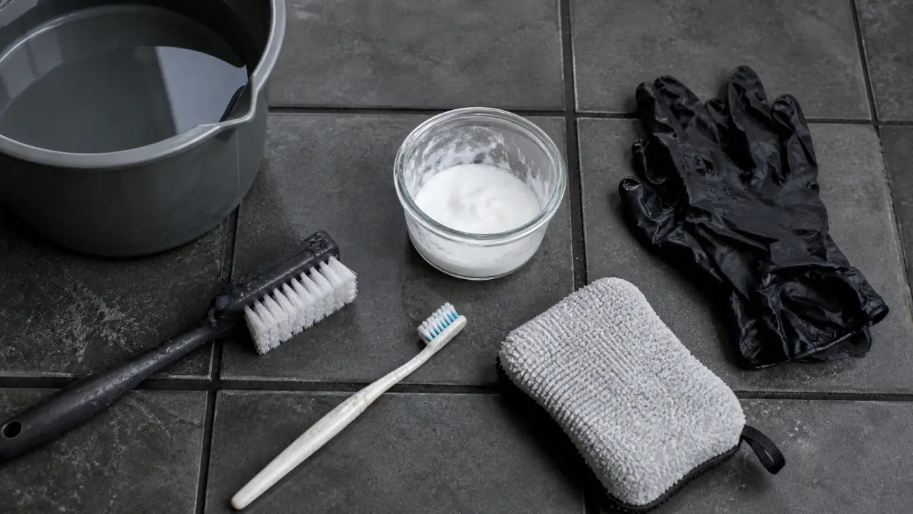 Nettoyer joint carrelage : brosse et bicarbonate, gros plan