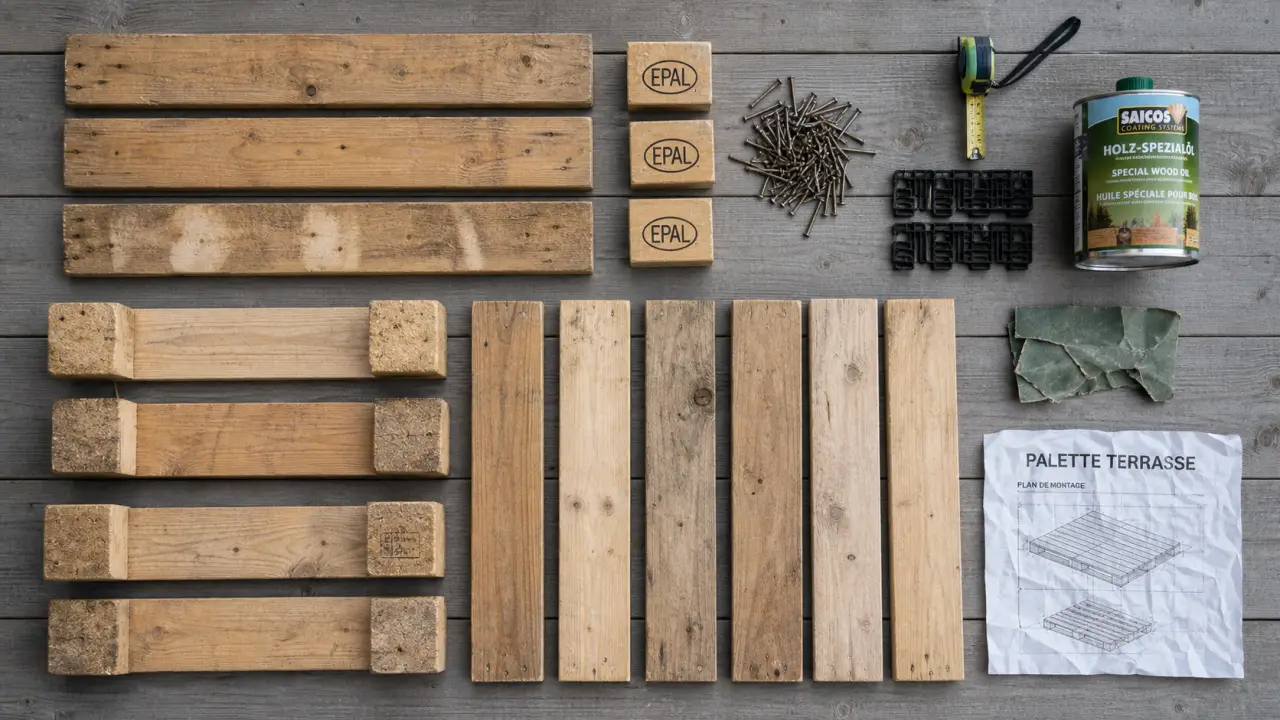 Palette pour terrasse Europe démontée sur table, prête à installer