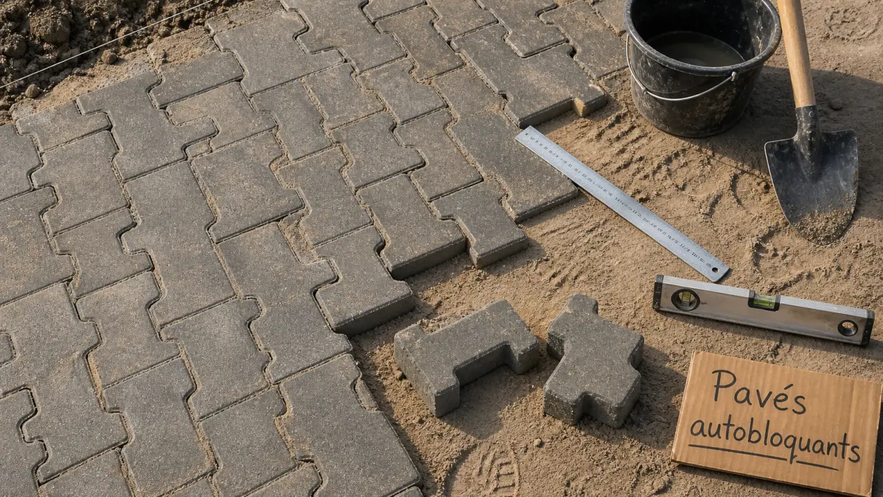 Pavé autobloquant 6 cm et 8 cm sur chantier, matériau béton