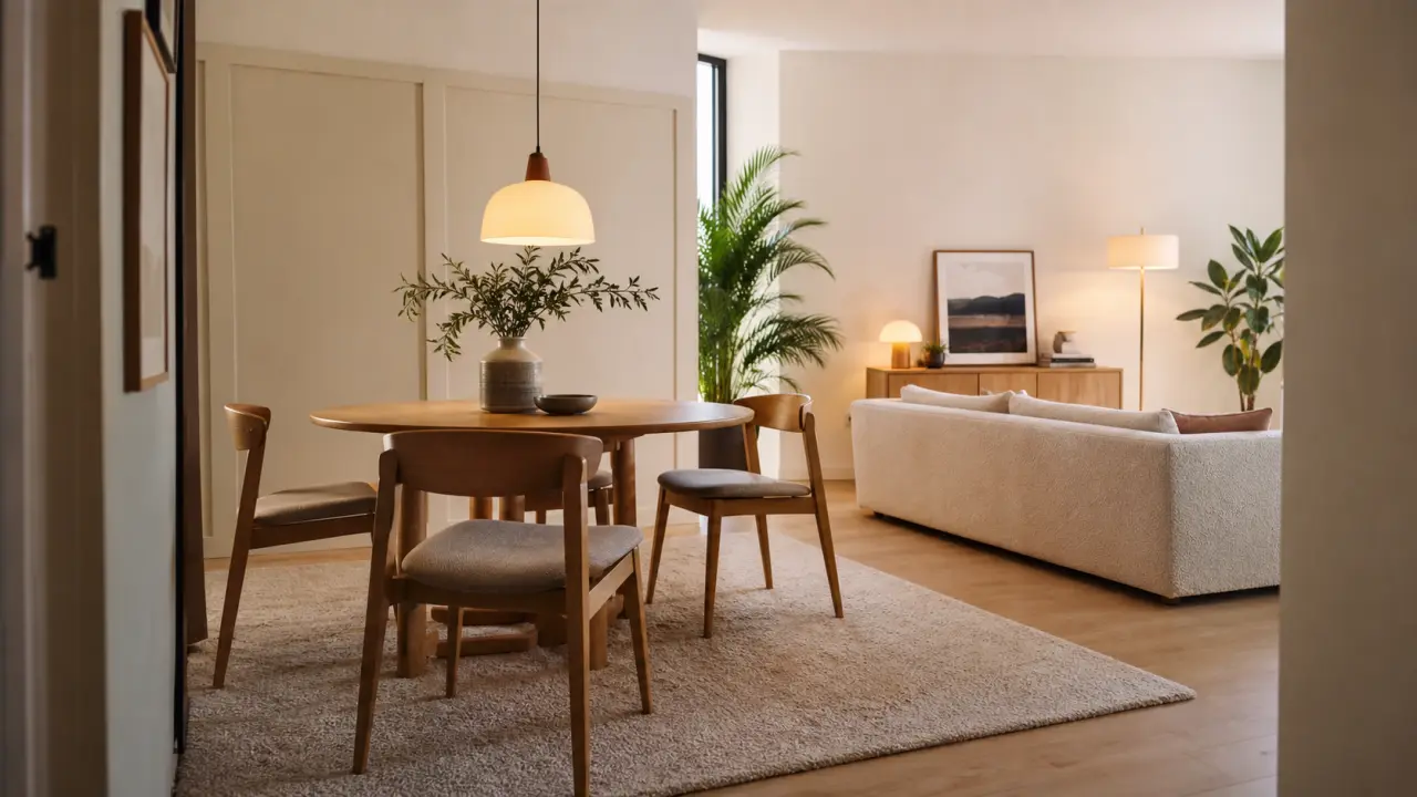 Salle à manger et salon dans la même pièce, séparation légère sans assombrir, tapis beige et table ronde