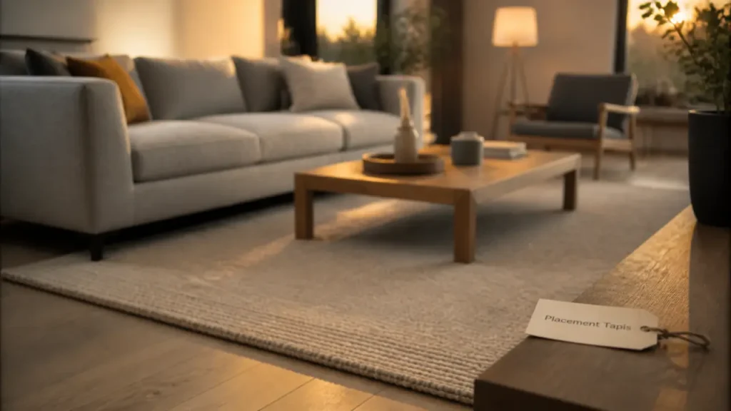 Sous le canapé, devant ou sous tout le mobilier : où placer un tapis dans le salon ?