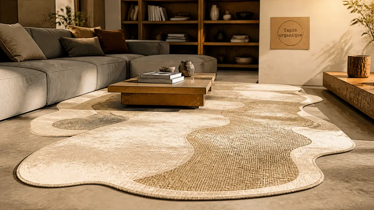 Tapis forme originale organique irrégulier crème et sable, salon contemporain
