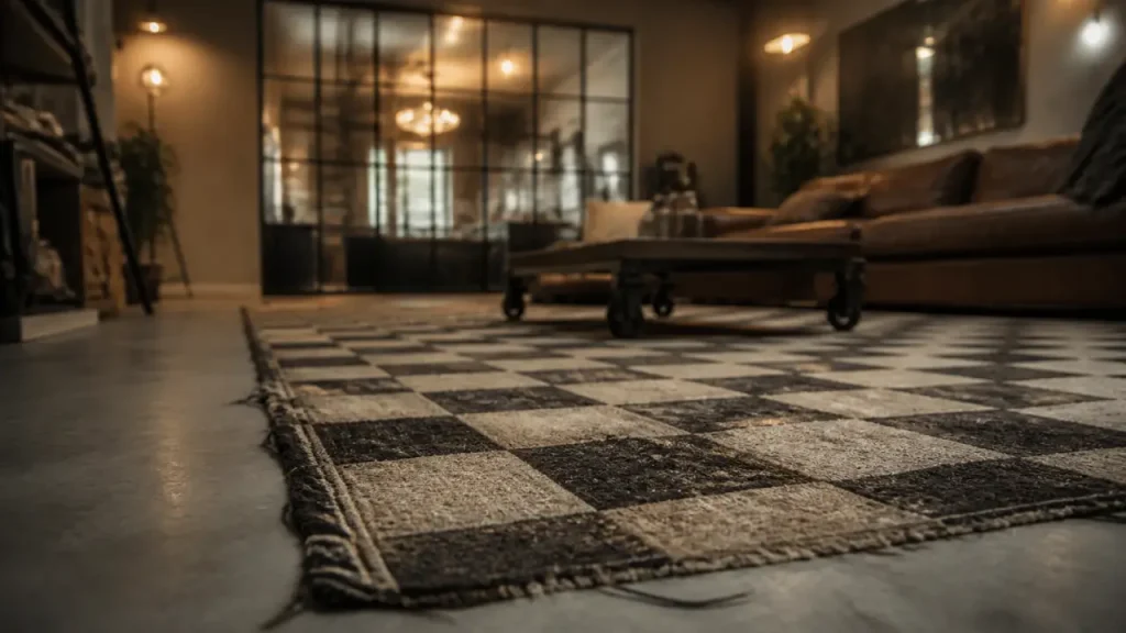 Tapis style industriel : couleurs sobres, cuir recyclé et formats XXL pour structurer la pièce