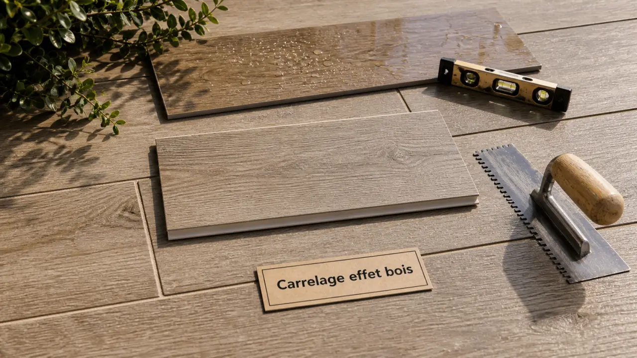 Carrelage extérieur imitation bois pour terrasse chaleureuse avec joints