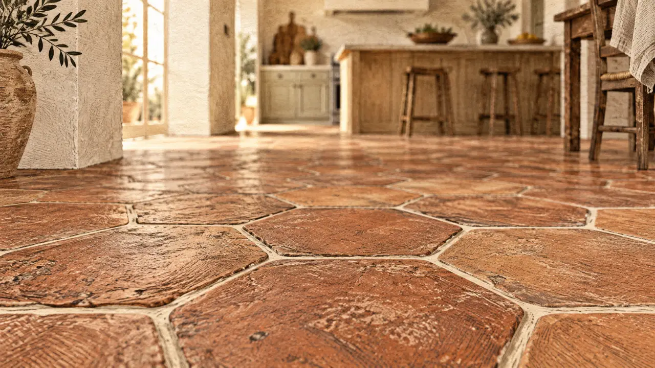 Carrelage provencal effet terre cuite, sols hexagonaux, joints crème.