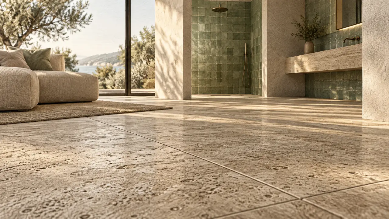 Carrelage tendance 2025 : grandes dalles travertin sable mat