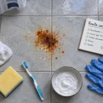 Comment enlever de la rouille sur un carrelage : éponge, bicarbonate et chiffon sur carrelage
