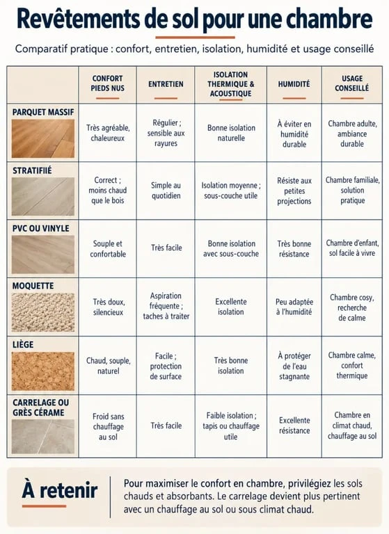 Infographie comparative des revêtements de sol pour chambre selon le confort, l’entretien et l’isolation