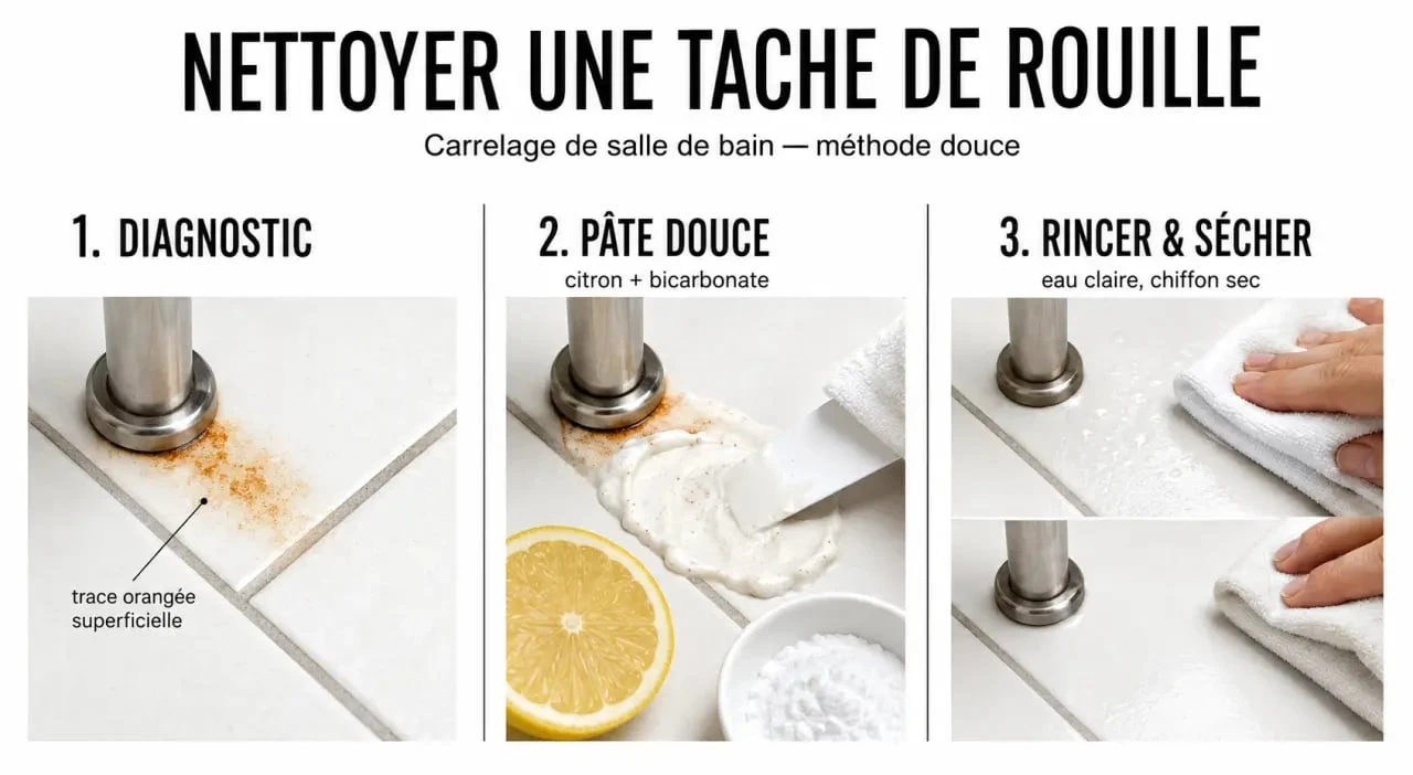Comment enlever de la rouille sur du carrelage : étapes de nettoyage sur un carrelage de salle de bain
