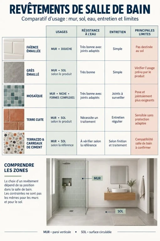Carreau de faïence pour salle de bain et comparaison des revêtements muraux et de sol