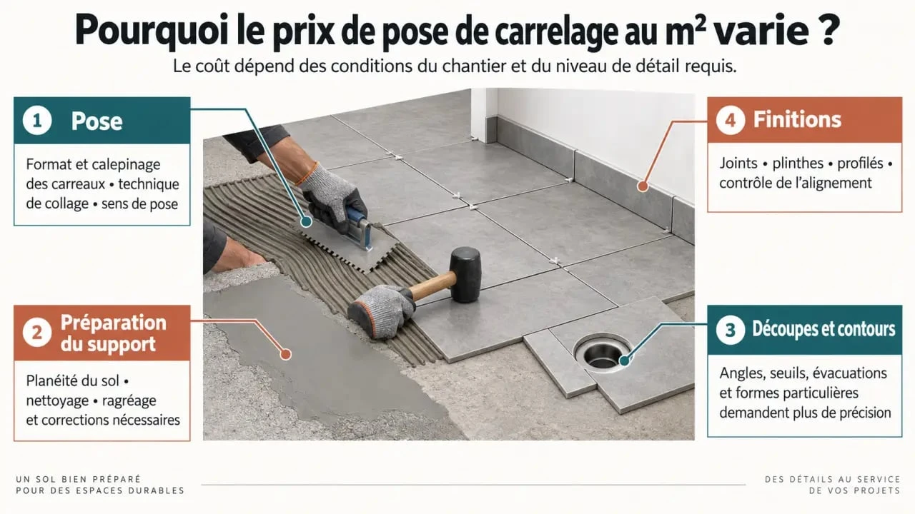 Infographie sur le prix de pose carrelage m2 et les postes qui composent un devis