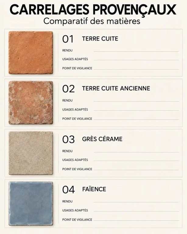 Comparaison des matériaux utilisés pour un carrelage provençal