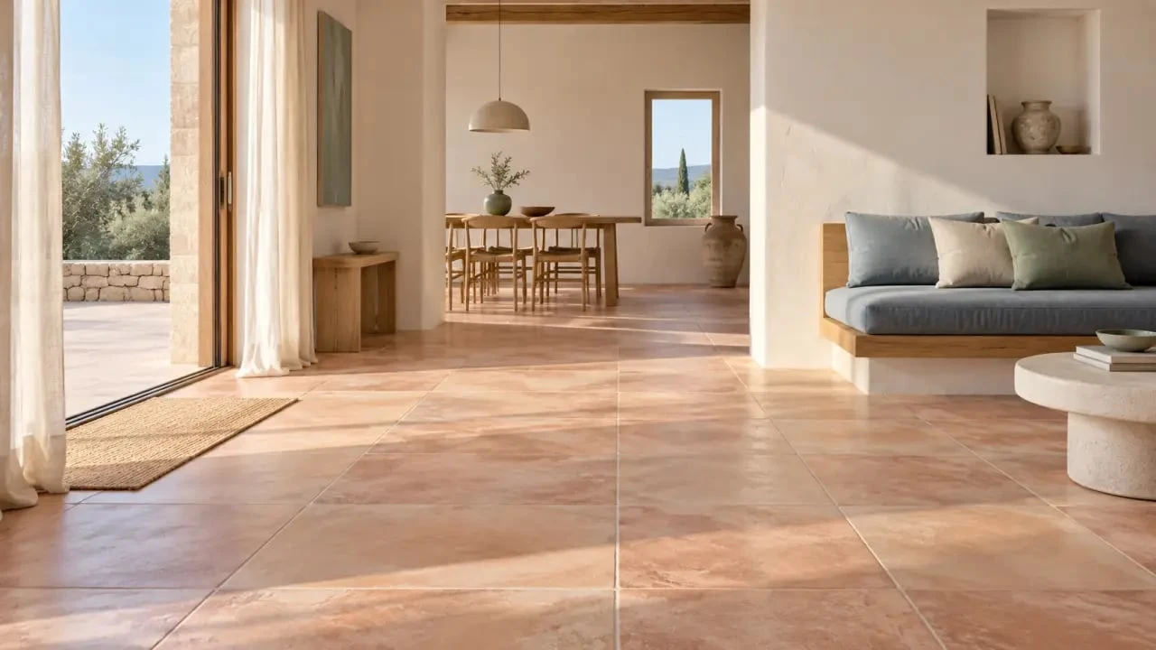 Carrelage provençal effet terre cuite dans un intérieur lumineux