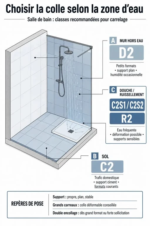 Colle carrelage salle de bain : infographie des classes recommandées selon la zone et le format des carreaux