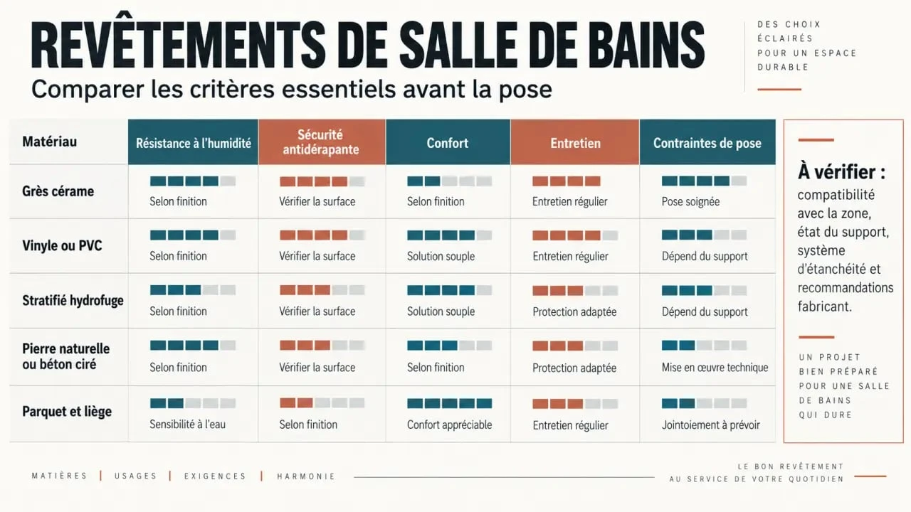 Salle de bain sol : comparaison des principaux revêtements selon l’humidité, le confort et l’entretien