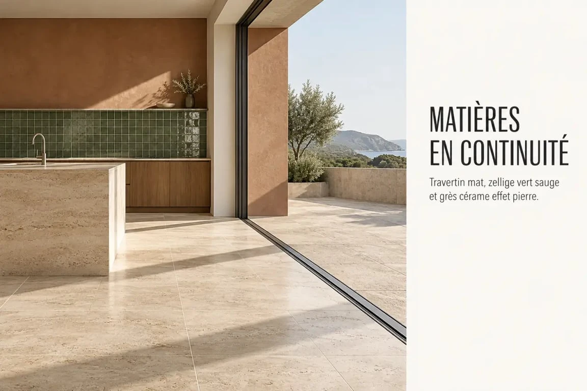 Carrelage tendance 2025 avec effet travertin, zellige vert sauge et terrasse effet pierre