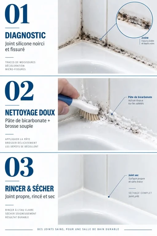 Illustration des étapes pour nettoyer des joints de salle de bain noircis