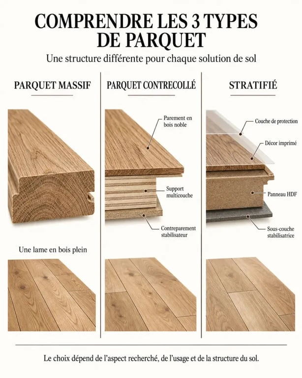 Infographie des trois types de parquet : massif, contrecollé et stratifié