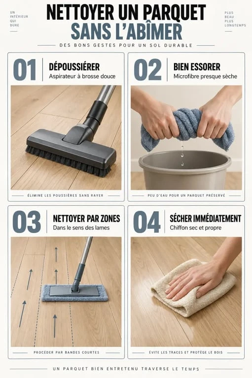 Comment nettoyer un parquet : étapes du dépoussiérage au séchage
