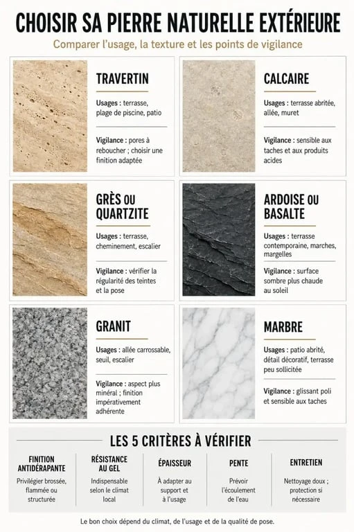 Infographie comparative sur la pierre naturelle extérieure, ses usages, finitions et contraintes