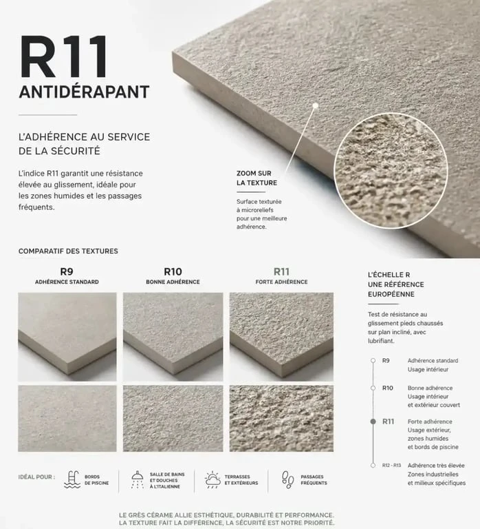 Comparaison de texture de carrelage antidérapant R11 pour escalier extérieur