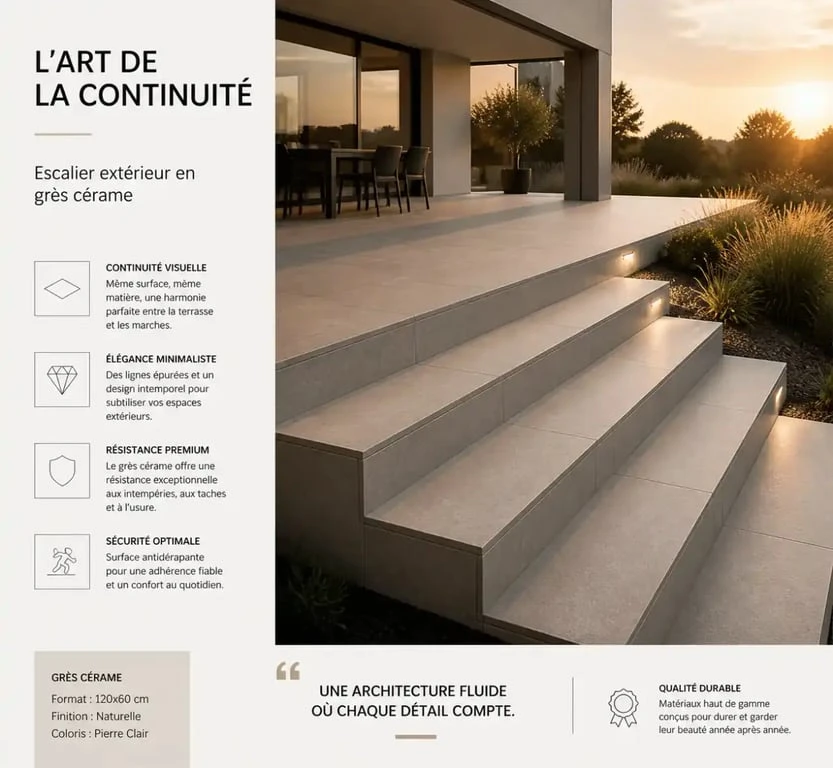 Escalier extérieur en carrelage grès cérame avec continuité terrasse
