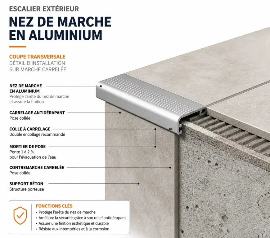 Schéma technique d'un nez de marche pour carrelage d'escalier extérieur