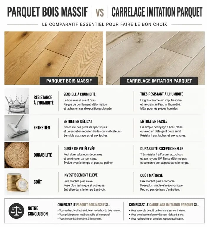 Comparatif entre parquet en bois massif et carrelage imitation parquet pour choisir son revêtement de sol.