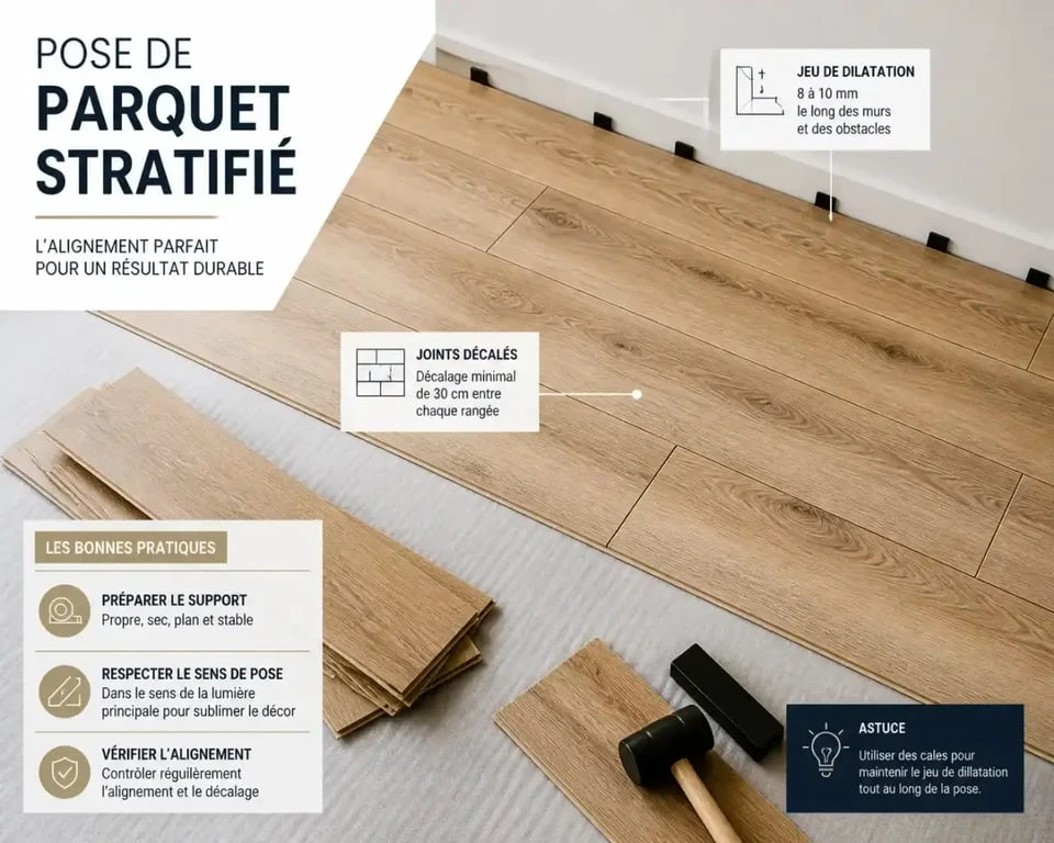 Pose de lames de parquet flottant avec décalage des joints